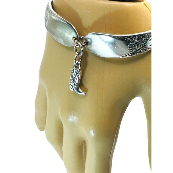 Vintage Artisan Silver Plated Silverware Spoon Bracelet With Western Boot Charm - Picture 12 of 16